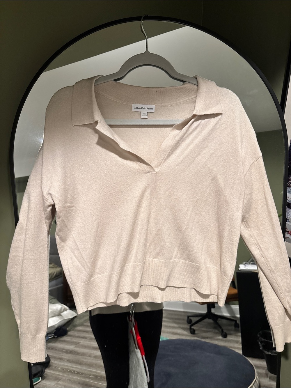 Calvin Klein Jeans Cropped Cream Polo-Style Long Sleeve Sweater